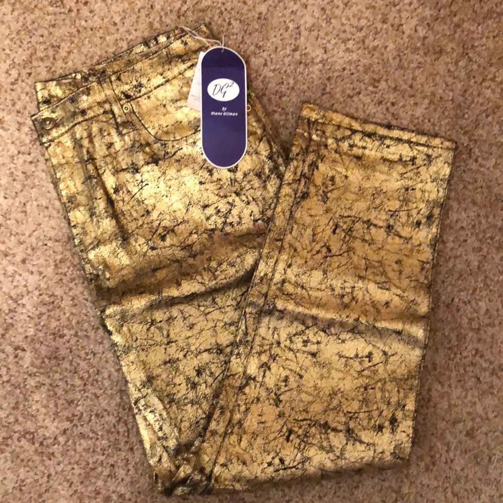 Diane Gilman stretch-jeans in metallic black and gold abstract print, 16p, NWT
